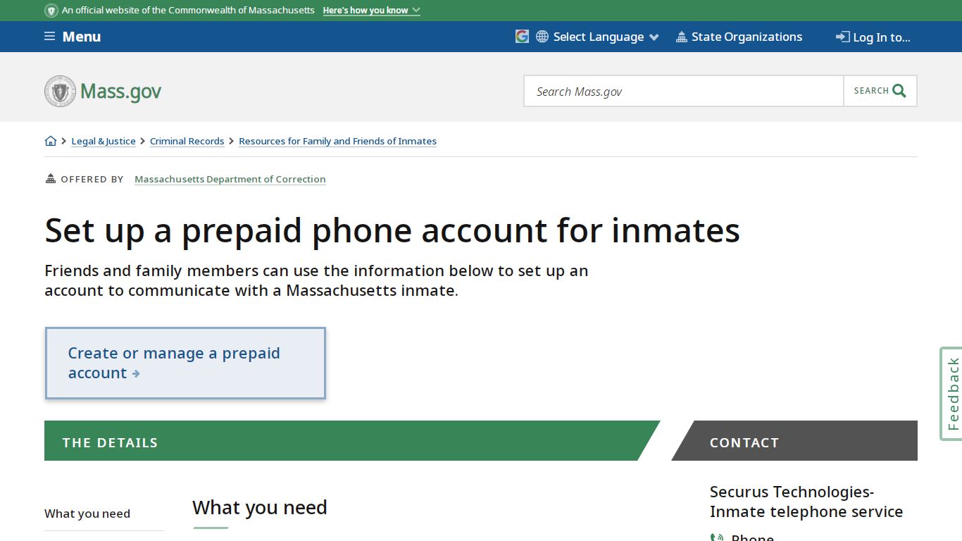 Set up a prepaid phone account for inmates | Mass.gov